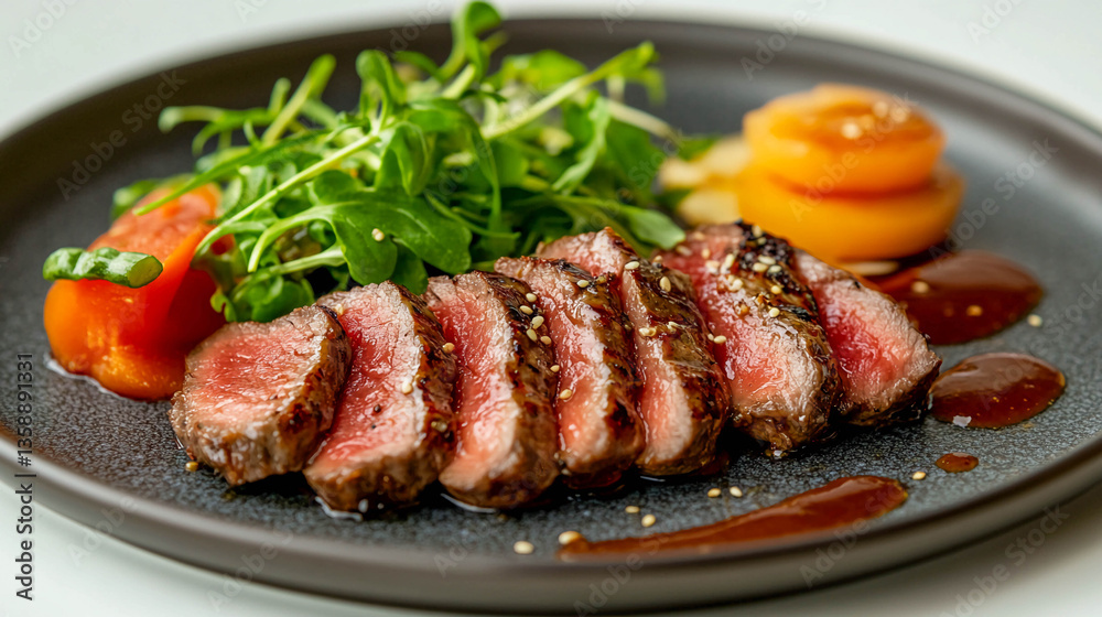 A dish with sliced steak served on a dark grey plate. The steak is fried to medium-rare, pink slices are visible. It is sprinkled with sesame seeds and drizzled with sauce. A dish with sliced steak served on a dark grey plate. The steak is fried to medium-rare, pink slices are visible. It is sprinkled with sesame seeds and drizzled with sauce.