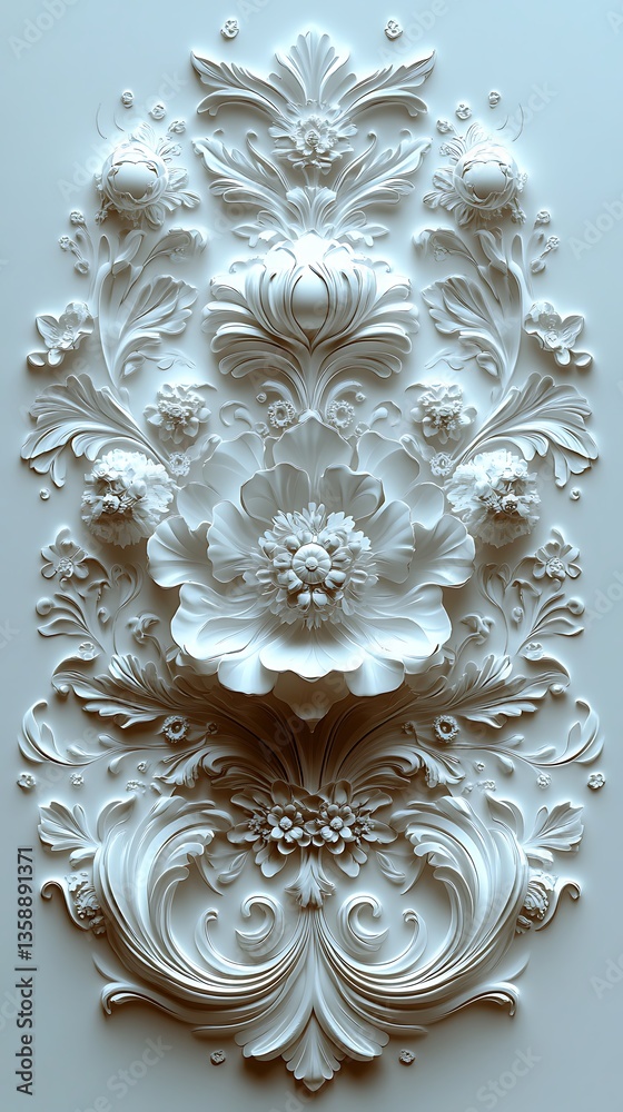 White Ornamental Relief with Floral and Swirling Patterns

