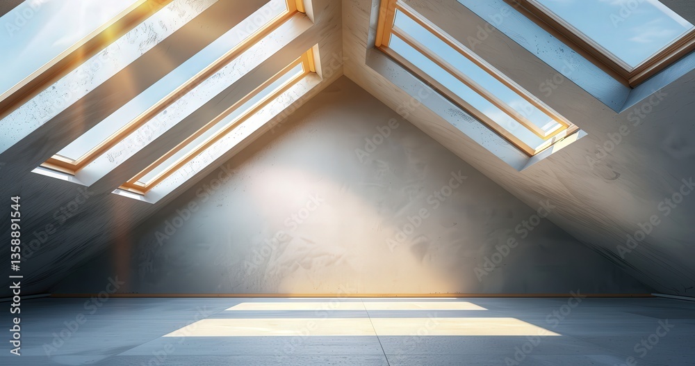 Obraz premium Sunlit attic interior with wooden skylights and minimalist design.