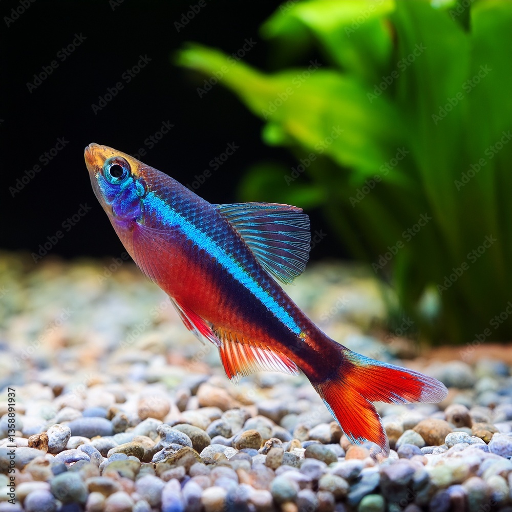 Red blue Neon Paracheirodon axelrodi Freshwater Aquarium on the gravel with green plants