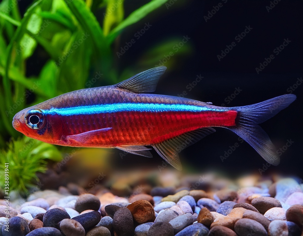 Red blue Neon Paracheirodon axelrodi Freshwater Aquarium on the gravel with green plants