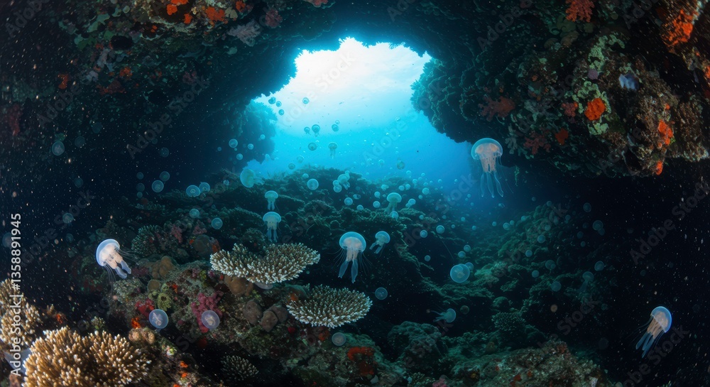 Fototapeta premium Underwater Cave Scene Numerous Jellyfish Swim Through Coral Reef in Ocean