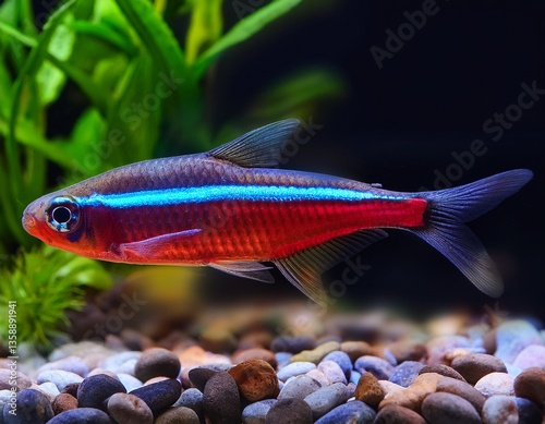 Obraz na płótnie Red blue Neon Paracheirodon axelrodi Freshwater Aquarium on the gravel with green plants w salonie