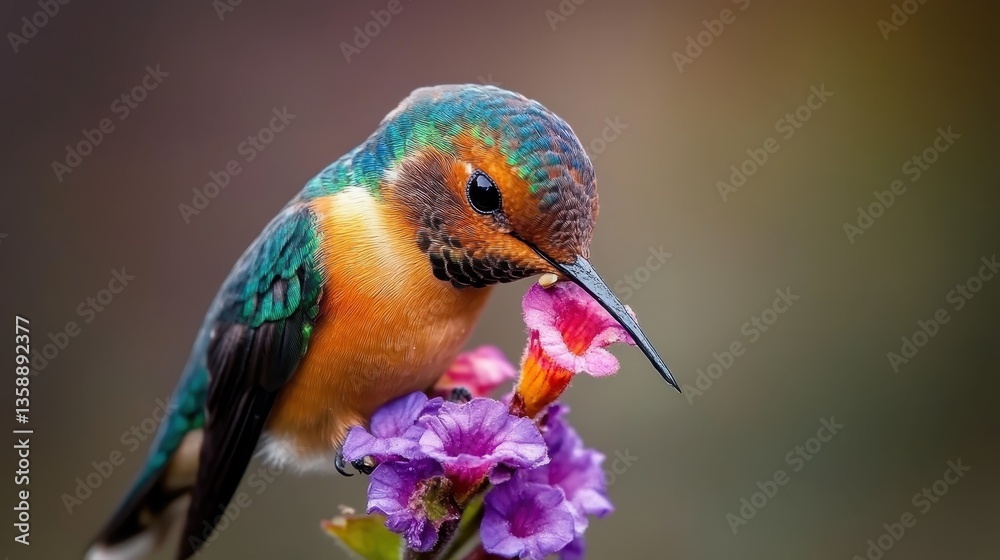 Fototapeta premium A vibrant hummingbird feeds on a purple flower, showcasing nature’s beauty and intricacy, with bright colors contrasting against a soft background.