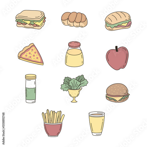 Icon Set of Delicious Fast Food Hotdog Toast Sandwich Bread with Drink Beverage Refreshment