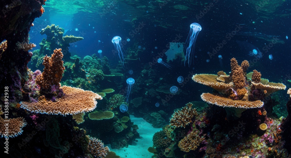 Fototapeta premium Underwater Scene of Jellyfish Swimming Amongst Vibrant Coral Reefs