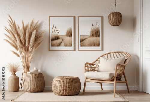 Cozy Bohemian Living Room Interior with Rattan Chair and Pampas Grass