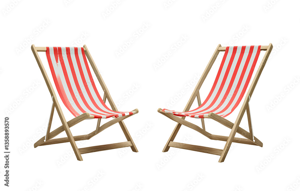 Set of two beach chairs with striped red and white fabric, isolated on a transparent background Set of two beach chairs with striped red and white fabric, isolated on a transparent background