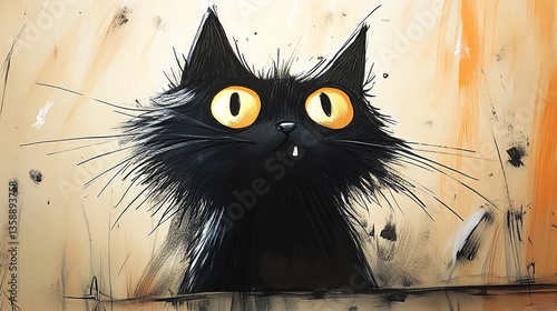 Photos Black cat with big eyes peering curiously against a textured background