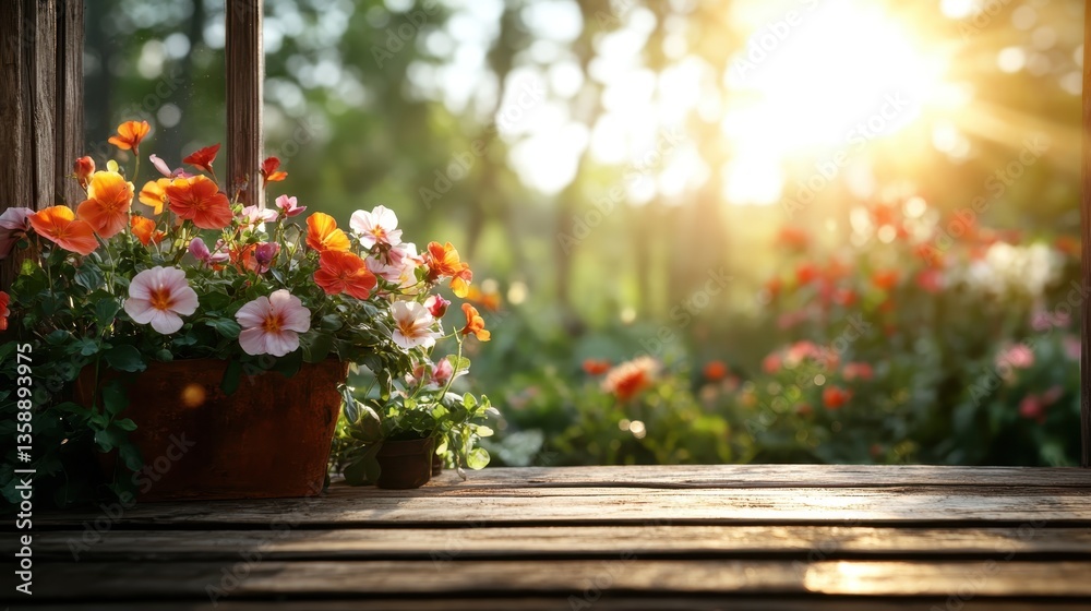 Fototapeta premium A vibrant display of colorful flower pots amidst a lush garden setting, illuminated by sunlight, creating an atmosphere filled with joy, beauty, and nature's essence.