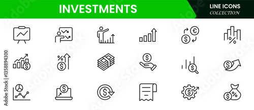 Investment, investor, risk management, economy, financial gain, money, coins symbols. Outline icon collection. Vector illustration