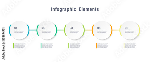 Process chart with 5 connected white circles placed in horizontal row. Concept of 5 stages of startup development. Modern infographic design template.