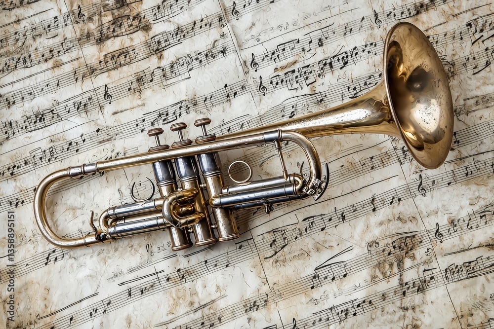 Naklejka premium A vintage trumpet rests on aged sheet music, showcasing intricate details and a classic design, evoking a sense of musical nostalgia.