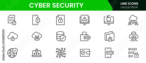 Cyber security icon set with information, technology, data network, malware, virus, unauthorized access and protected.