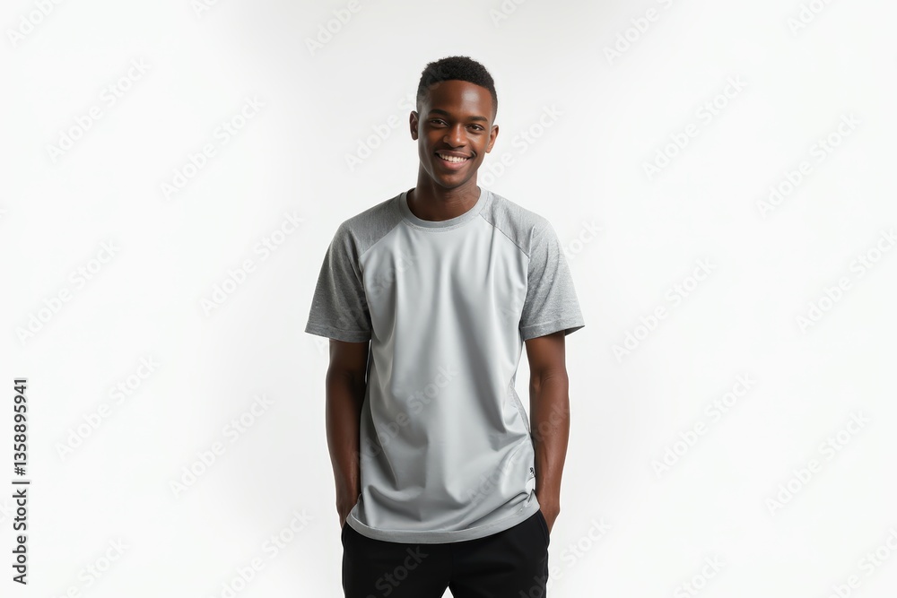 Half-Length (Waist-Up) portrait of young stylish smiling Mauritian male model in sporty wear isolated on pure white background looking at camera Half-Length (Waist-Up) portrait of young stylish smiling Mauritian male model in sporty wear isolated on pure white background looking at camera