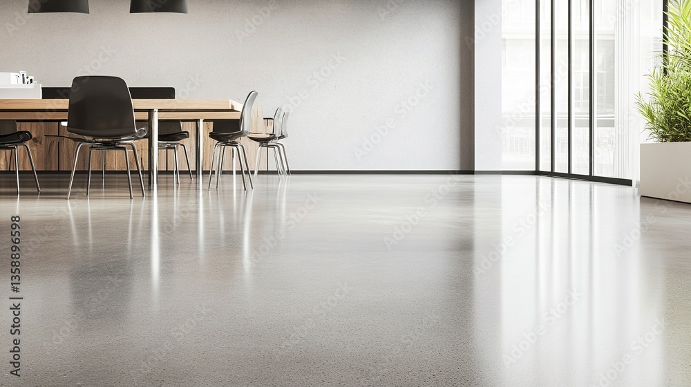 Fototapeta premium A sleek office interior with a polished concrete floor, its soft gloss adding depth to the minimalist aesthetic, while faint reflections enhance the clean design. 