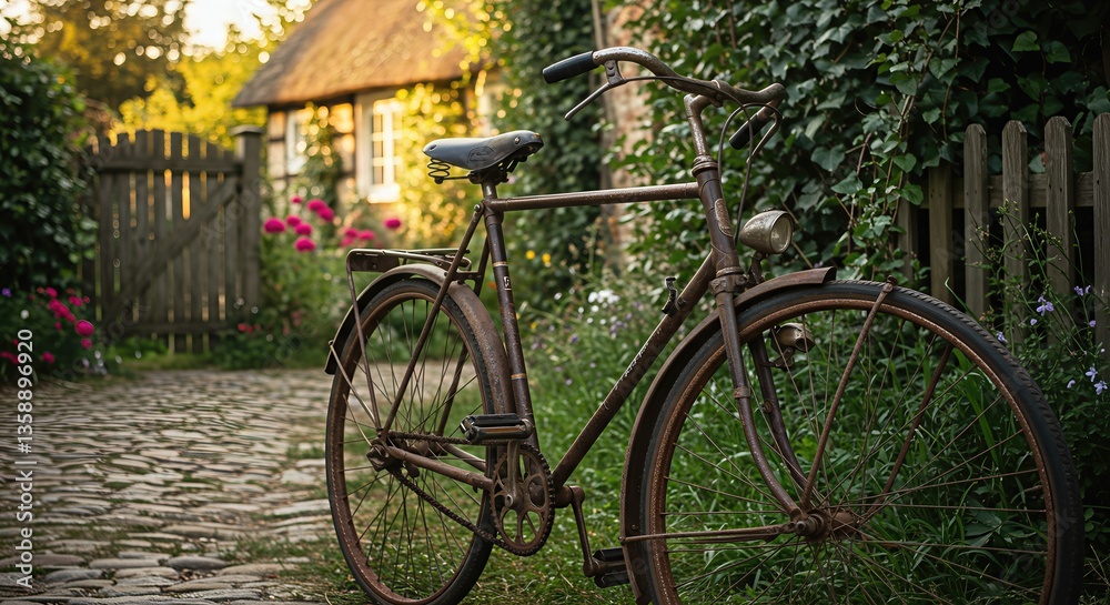 Fototapeta premium Rustic bicycle by a charming cottage surrounded by nature