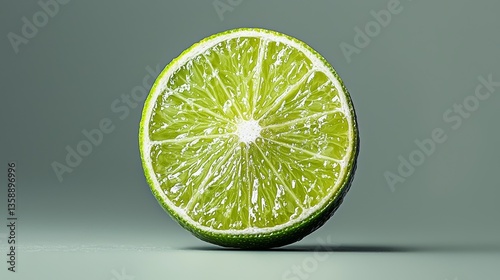 Small green lime wedge isolated on light beige background with simple text