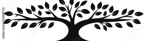 A black silhouette of a tree with leaves on a white background