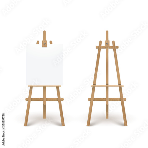Wooden Easel with Blank Canvas and Empty Stand. Vector