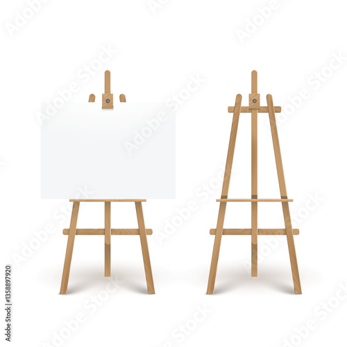 Wooden Easel with Blank Canvas and Empty Stand. Vector