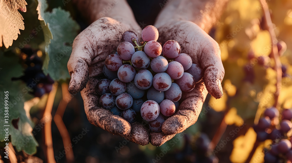 Fototapeta premium pair of hands, covered in soil, gently cradles bunch of ripe grapes, showcasing connection between nature and agriculture. warm sunlight enhances scene beauty and richness