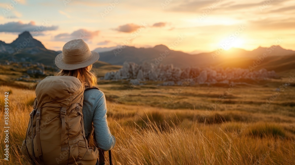 A woman sits peacefully while hiking, gazing at a breathtaking sunset view, embodying the spirit of adventure, connection to nature, and personal reflection. A woman sits peacefully while hiking, gazing at a breathtaking sunset view, embodying the spirit of adventure, connection to nature, and personal reflection.