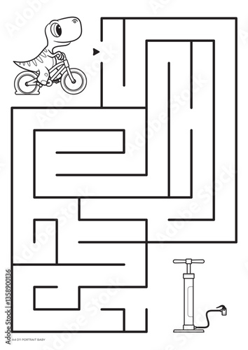 Vector black lines forming a maze. A4 format. Educational maze coloring book with a little dinosaur riding a bicycle with a flat tire looking for a pump to inflate the bike. Portrait size.