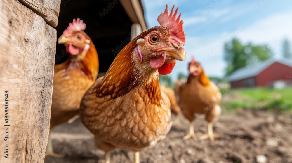 This vibrant image features chickens exploring a sunny farmyard, highlighting their lively personalities and the tranquil beauty of rural life during a bright day. This vibrant image features chickens exploring a sunny farmyard, highlighting their lively personalities and the tranquil beauty of rural life during a bright day.