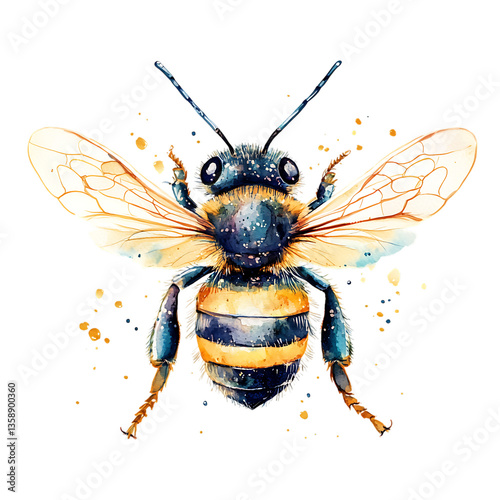 A vibrant, buzzing bee in flight, showcasing intricate details and watercolor texture with golden splatters on a white background.