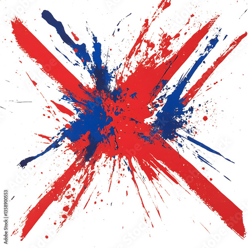 An explosive burst of red and blue passion, a dynamic interplay of color and energy, showcasing vibrant strokes on a stark white canvas.