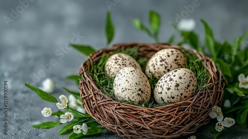 Rustic brown speckled eggs resting in woven twig nest placed on white textured cloth with soft shadows symbolizing simplicity nature balance and traditional organic design