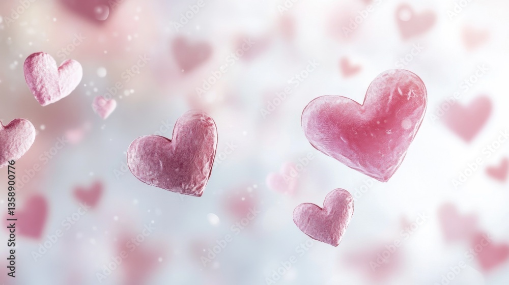 Fototapeta premium Soft pink hearts drifting down over a white canvas, evoking a loving and serene Valentine Day atmosphere.