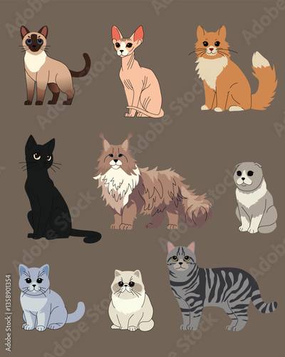 Illustration featuring a variety of cat breeds, including a Siamese, Sphynx, Maine Coon, British Shorthair, Persian, and tabby cat, all depicted in a cute and flat style against a brown background