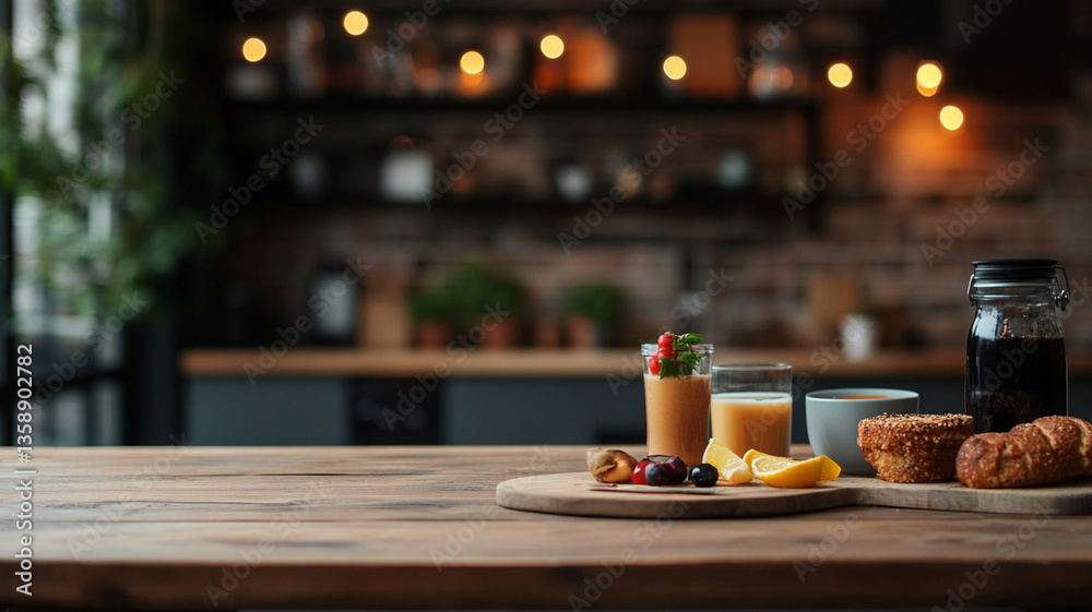 cozy kitchen with breakfast items on wooden table cozy kitchen with breakfast items on wooden table