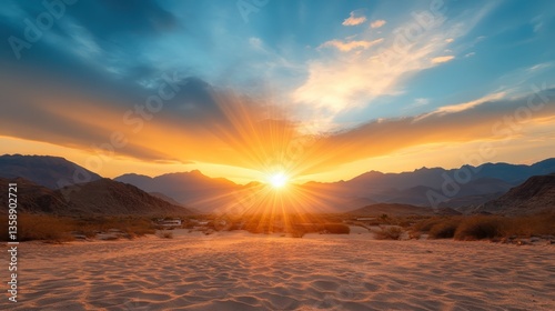 Marvel at the breathtaking beauty of sunset casting golden hues over desert dunes and rugged mountains, creating a picturesque scene filled with warmth and tranquility.