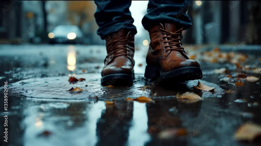 A cinematic slow-motion, low-angle shot capturing a man's boots stepping into a rain puddle on a wet pavement during a chilly autumn day