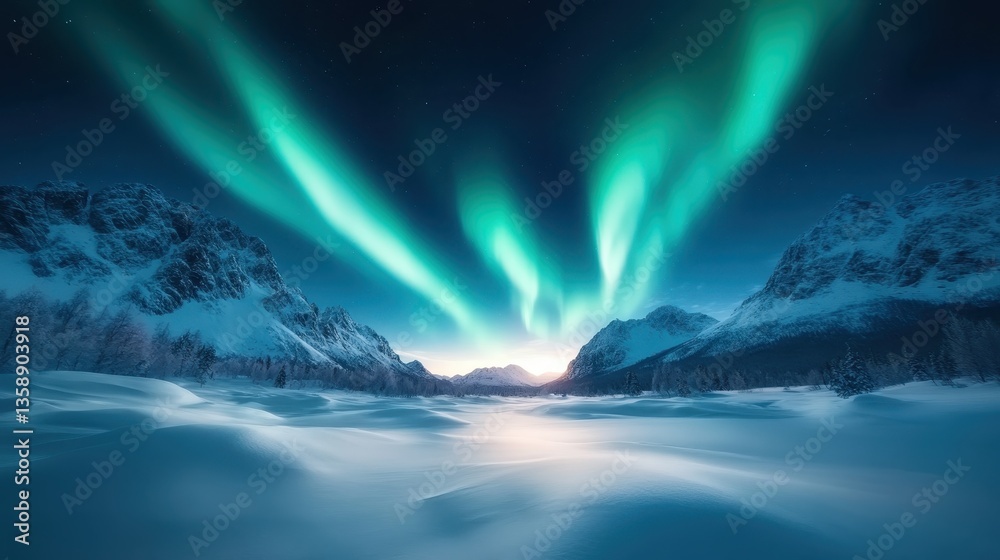 Naklejka premium A captivating capture of the Northern Lights illuminating a tranquil snowy valley, showcasing nature's extraordinary beauty and celestial wonder in a serene landscape.