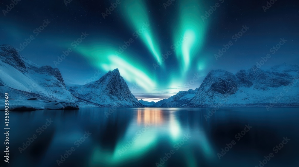 Naklejka premium Stunning display of the Aurora Borealis reflected in calm Arctic waters, surrounded by majestic mountains, evoking a sense of peace and awe in nature's beauty at night.