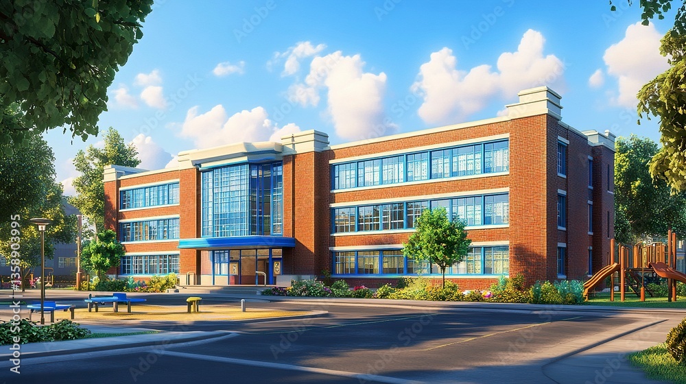 Obraz premium A suburban-style American school exterior featuring a rectangular design, vibrant blue accents around windows, and a playground visible in the background. 