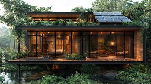 A sustainable school building designed like a house, incorporating natural materials, solar panels, and an open, airy layout, set in a green campus. 