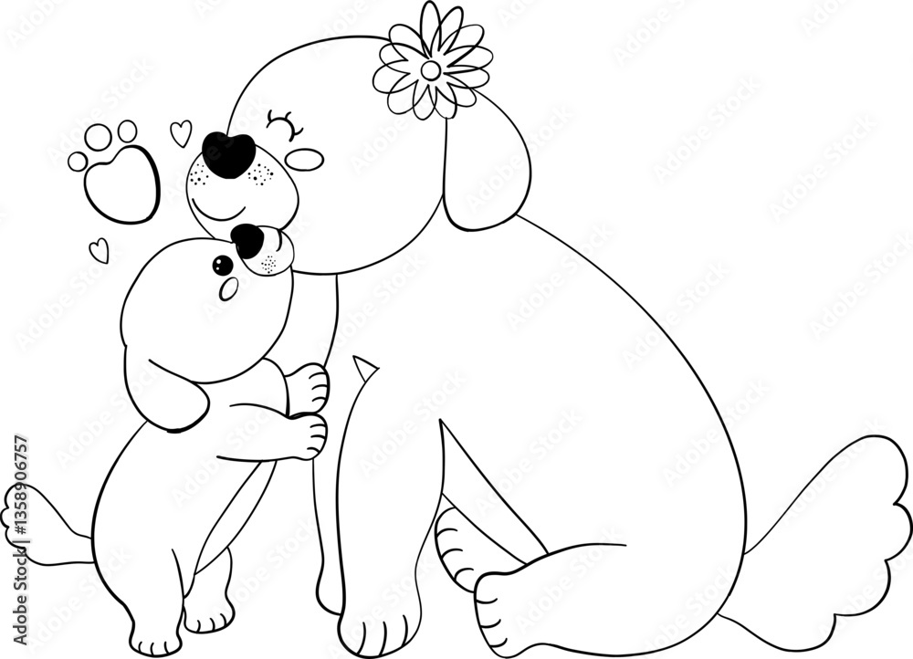 Obraz premium Mother's Day Puppy kisses mother's cheek coloring page Illustration in Cute Cartoon Flat Design
