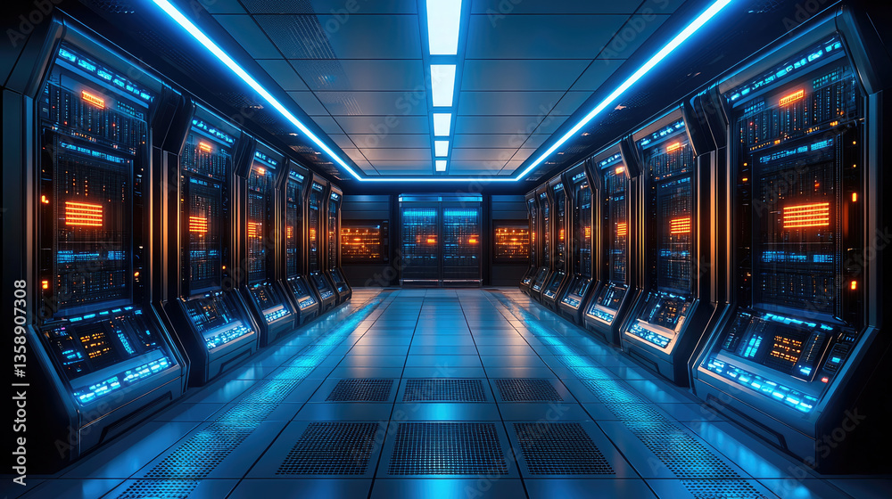 Fototapeta premium high tech data center featuring rows of server racks illuminated by blue and orange lights, showcasing modern and futuristic design. atmosphere conveys sense of advanced technology and efficiency