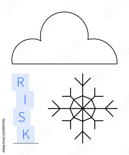 Cloud outlines uncertainty, snowflake conveys complexity, risk blocks stacked vertically. Ideal for weather, risk strategy, business planning, problem-solving, technology, future predictions
