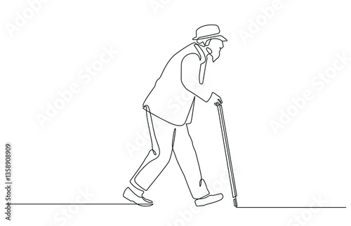 Old Man Walking Continuous One Line Art Drawing. Old Senior Activity Lifestyle One Line Art Vector Illustration. Man Walking Black Linear Sketch Isolated on White Background