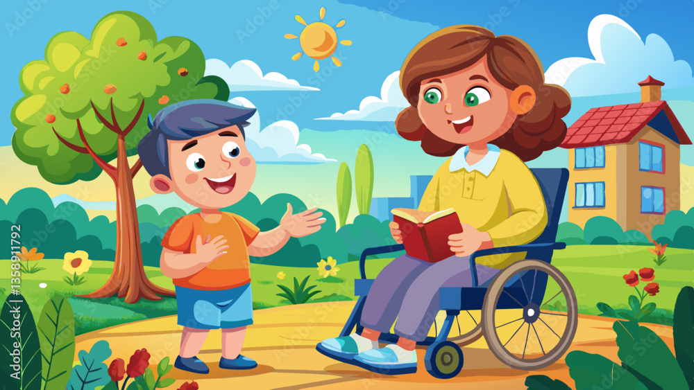 Naklejka premium Happy child with disability communicating with special needs educator outdoors - cerebral palsy concept