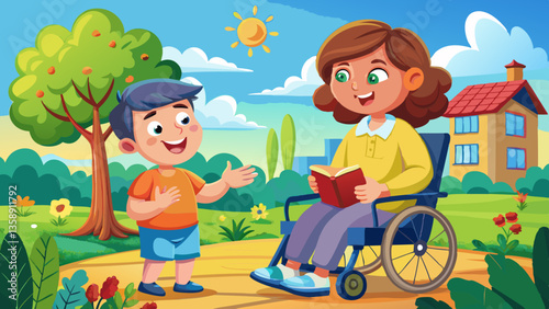 Happy child with disability communicating with special needs educator outdoors - cerebral palsy concept