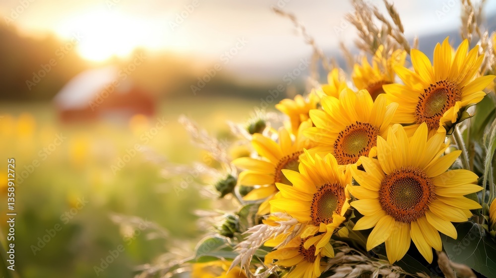 Naklejka premium A vibrant display of yellow sunflowers basking in the morning sunlight, capturing the essence of a lively summer morning and the joy that nature brings to our lives.