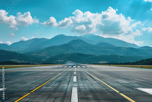 empty runway of airport with blue sky and mountain in background