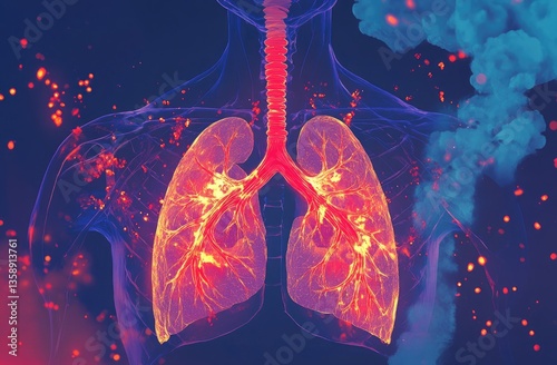 Lungs affected by pollutants, highlighting respiratory distress